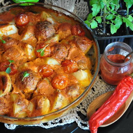 Рецепт запеченного картофеля с фрикадельками