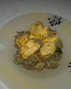 Гречетто с пивом портер и цукини и шашлык из куриной грудки в индийском стиле