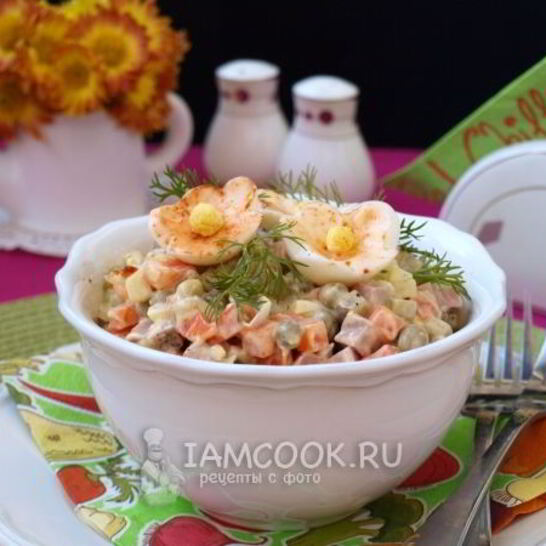 Рецепт салата оливье с колбасой и горошком