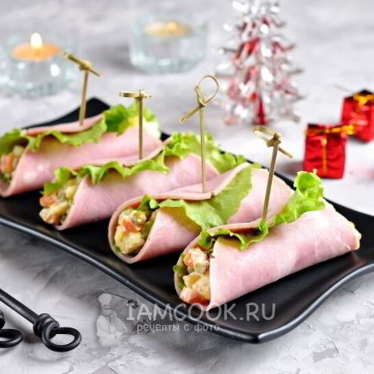 Рецепт салата-закуски оливье в ветчине