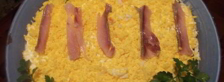 салат мимоза с копченой ставридой и яблоком. Шаг 6