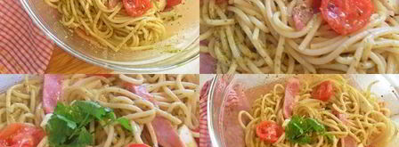 спагетти с ветчиной, моцареллой под соусом песто. Шаг 7