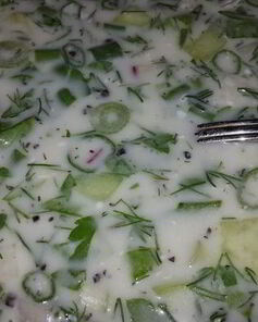 Окрошка на турецком айране и минералке с горчицей