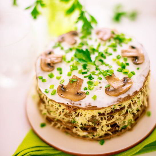 Рецепт печеночного торта с шампиньонами